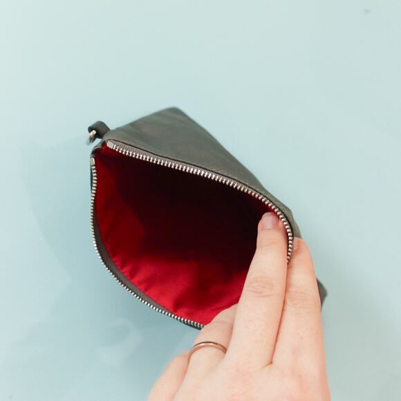 Mz Wallace Black Zipper Top Nylon Mini Costmetic Bag Red Lining - Picture 3 of 6